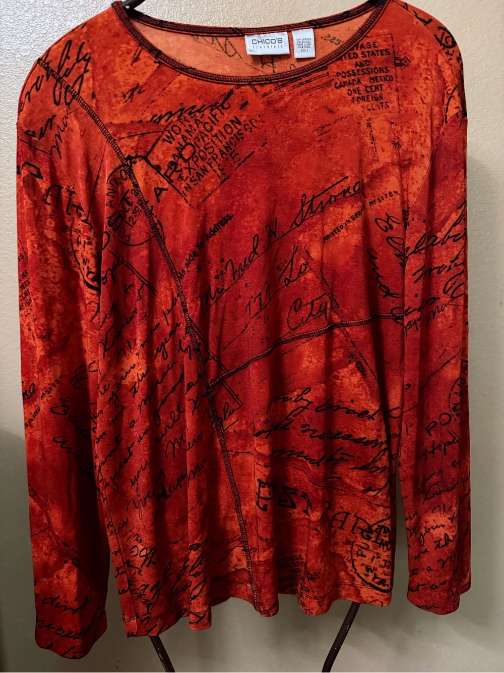 Chico's Orange Top with Black Script Print